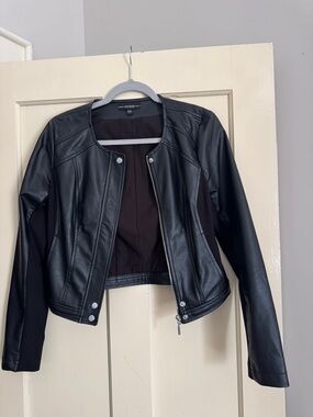 Guess Women’s Black Faux Leather Moto Jacket with Snap Details